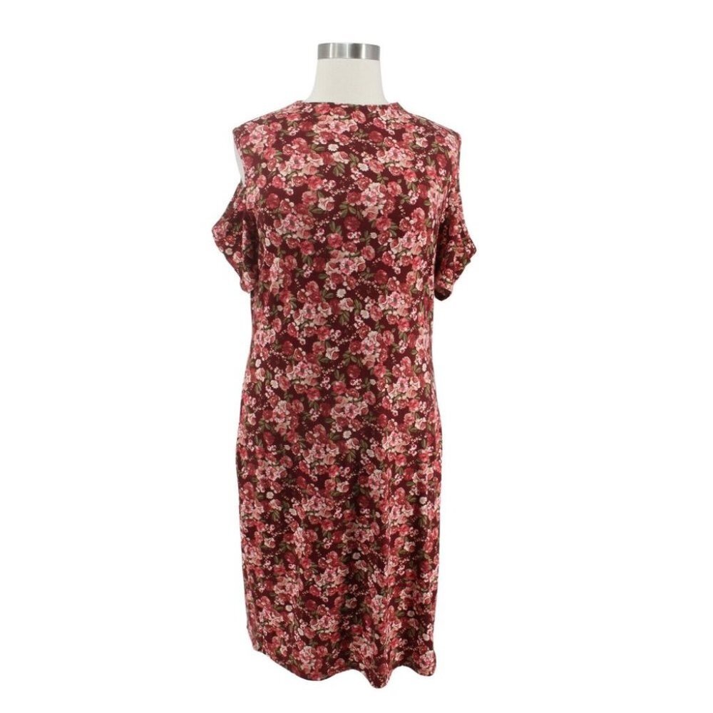 Vibe Sportswear Red Pink Floral Jersey Knit Cold Shoulder Dress Plus Size 2X